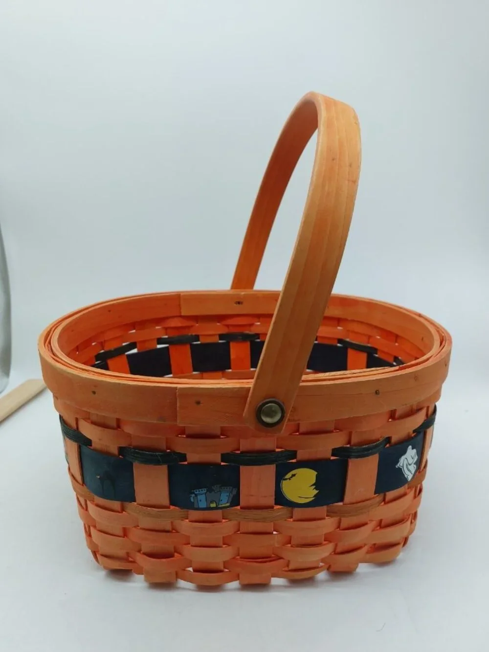 Halloween Basket Tan Brown Handle Black Ban Cat Ghost 5.5